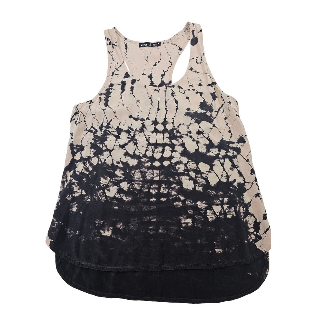 Gypsy 05 Tank Top Womens Medium Black Beige Tie Dye 100% Silk Racerback High Low